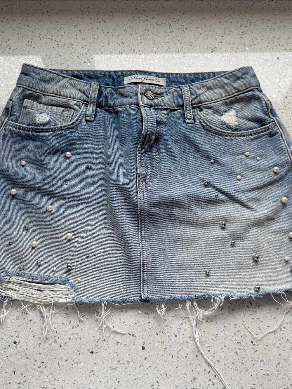 Mavi Light Blue Pearl & Stud Distressed Denim Mini Skirt